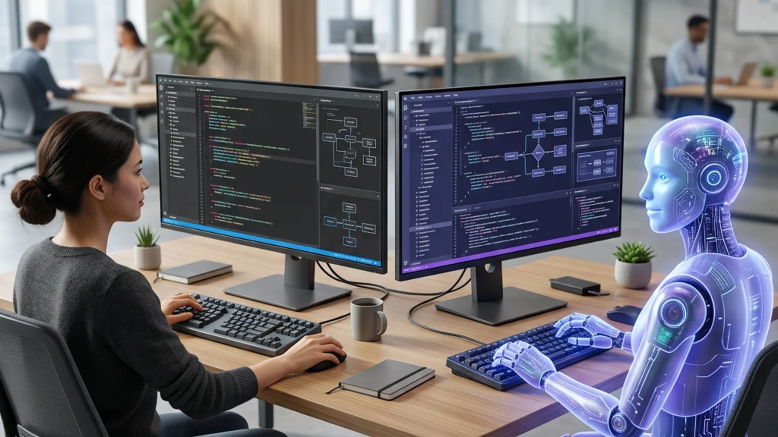 A software engineer and an AI agent working at two side-by-side monitors
