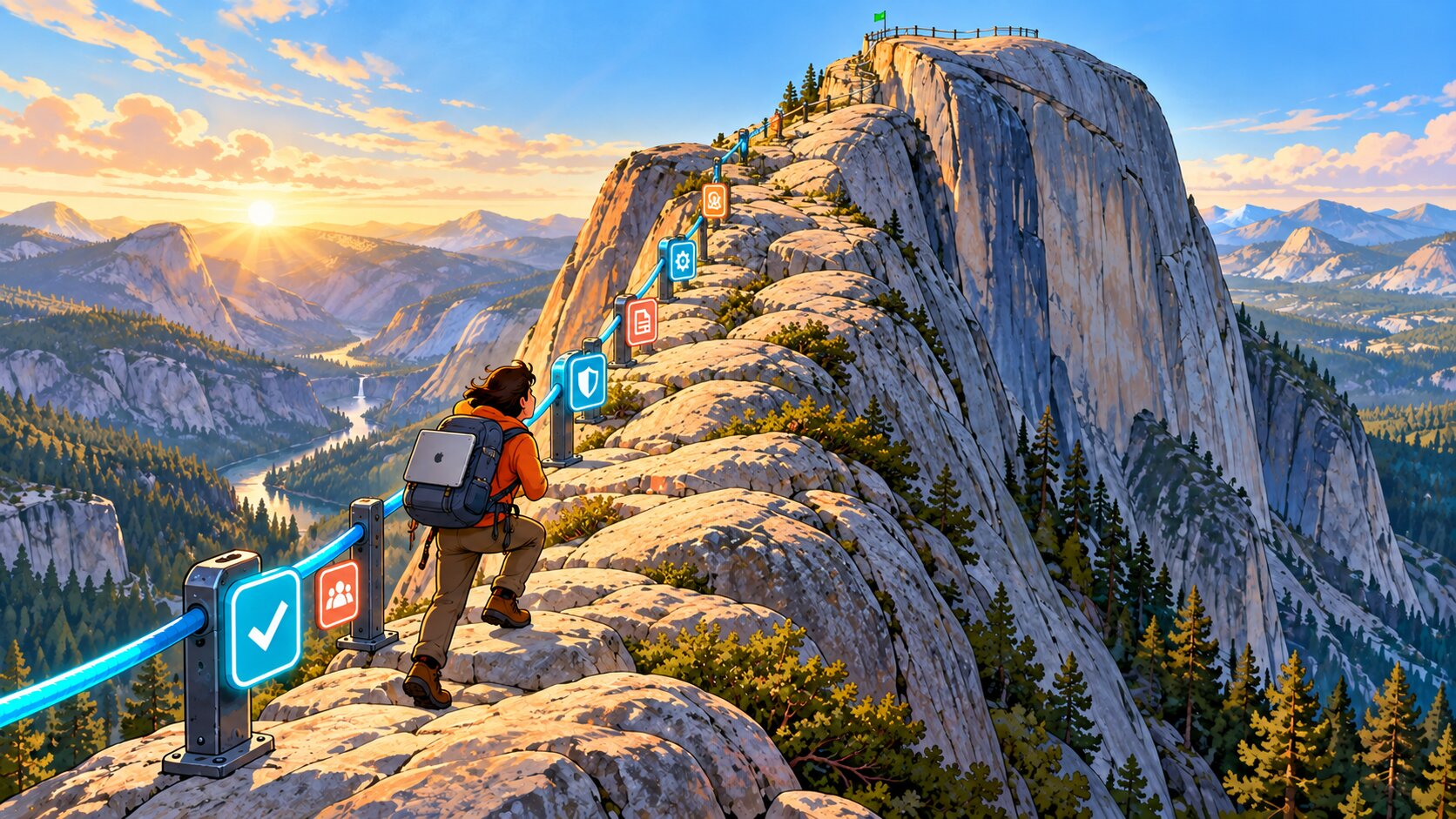 A hiker follows a mountain ridge past illuminated digital guardrails toward a summit